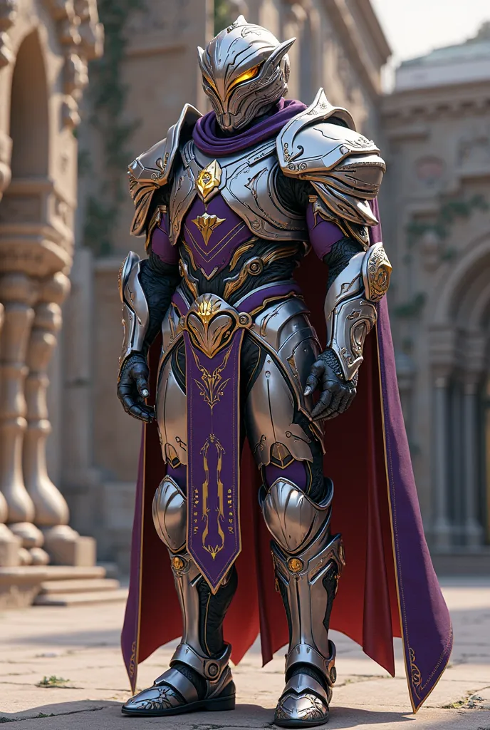 Soldier of the Futuristic and Artistically Designed House Ecaz, ornate heavy armor, futuristic and artistically designed, Colors purple,  silver and gold 