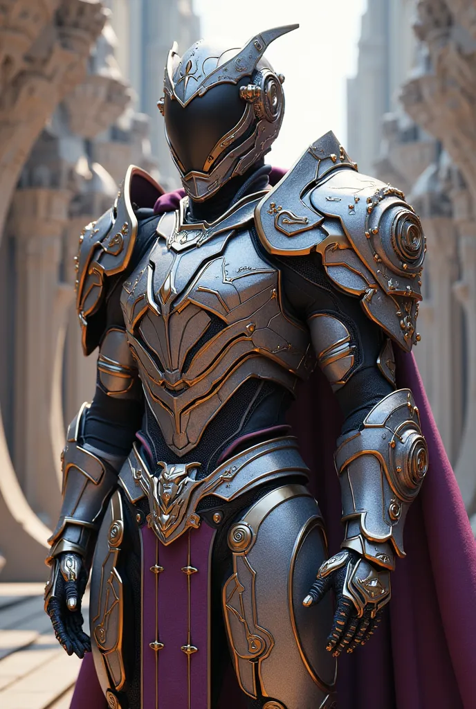 Soldier of the Futuristic and Artistically Designed House Ecaz, ornate heavy armor, futuristic and artistically designed, Colors purple,  silver and gold 