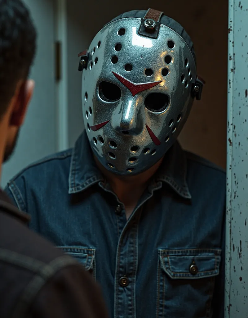 (photorealism:1.2), Jason Voorhees with a silver mask, Right next to photo, on his mask reflects a man in front of Jason, his mask shines like a mirror 