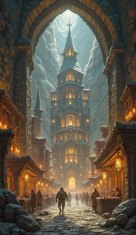 Create an awe-inspiring illustration of the dwarven city of "Deepstone," a majestic stronghold nestled within the vast caverns of an underground realm. The city is illuminated by a warm, golden glow emanating from countless luminescent crystals embedded in...