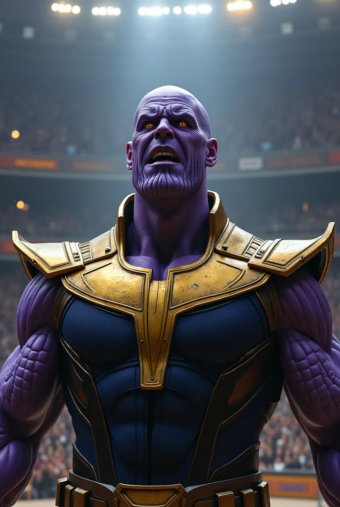 A figure similar to a , representing Thanos' son, is the central focus. The character, with a bald head and deep, glowing eyes, has a slightly purple complexion with subtle grooves along the skin, reminiscent of his father. he wears a gold and black armour...