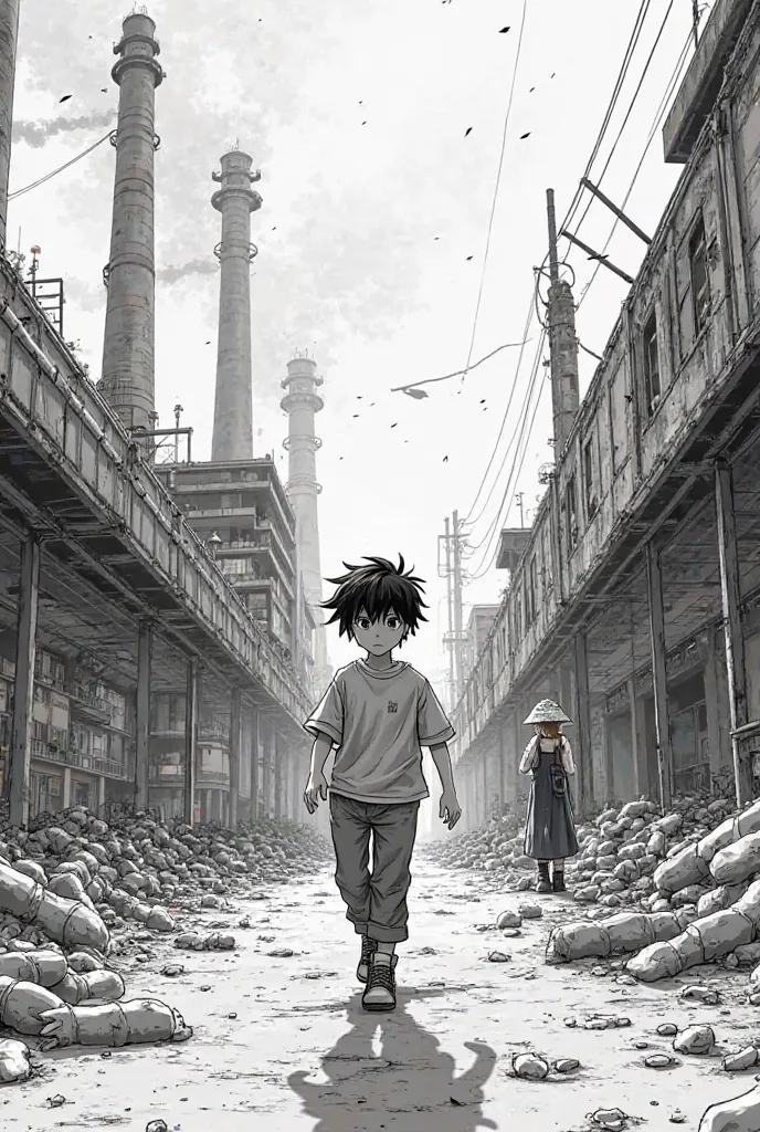 A comic with cartoons without dialogue first scene a manga style boy goes where people try to warn them about environmental pollution 