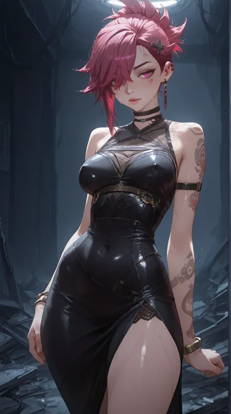 very sexy,  Masterpiece , Better quality, 32K, high resolution,  Absurdress , vi ( League of Legends ), hair above one eye, , ajar lips, clavicle,  pink eyes, vi outfit \(League of legends\) , dark room,  ruined room, (covered nipples), shiny skin, shiny c...