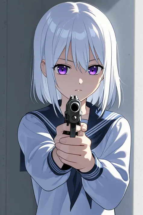 high school girl wearing serafuku, white long hair, holding gun, looking back