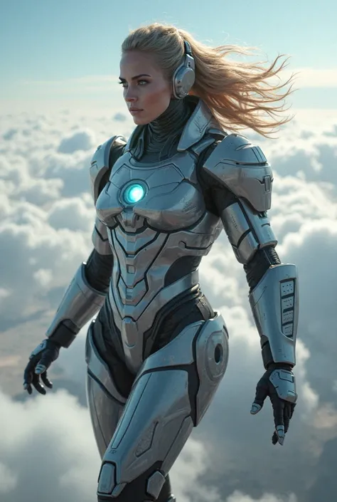 Women wearing high tech powered armour.that armour's right chest attached the glowing power core.she is wearing helmet with open her faceplate.she is flying the sky.