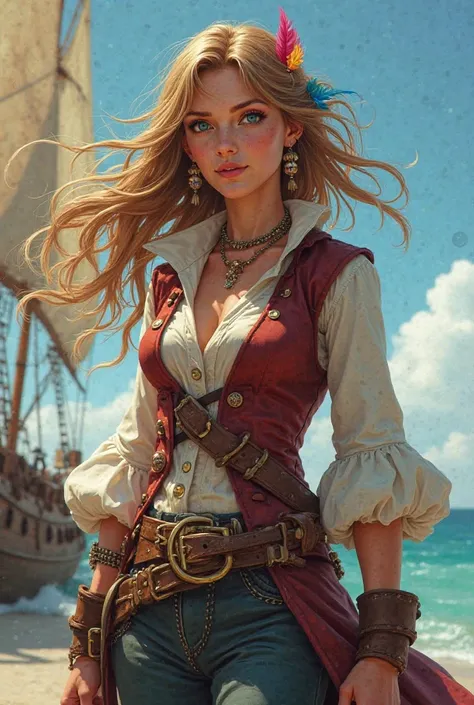 A free pirate, audacious and always looking for the next great adventure. Her light brown hair is long and wild, constantly ruffled by the wind, with colorful feathers stuck between the wicks. Her eyes are a vibrant sky blue, always shining with excitement...