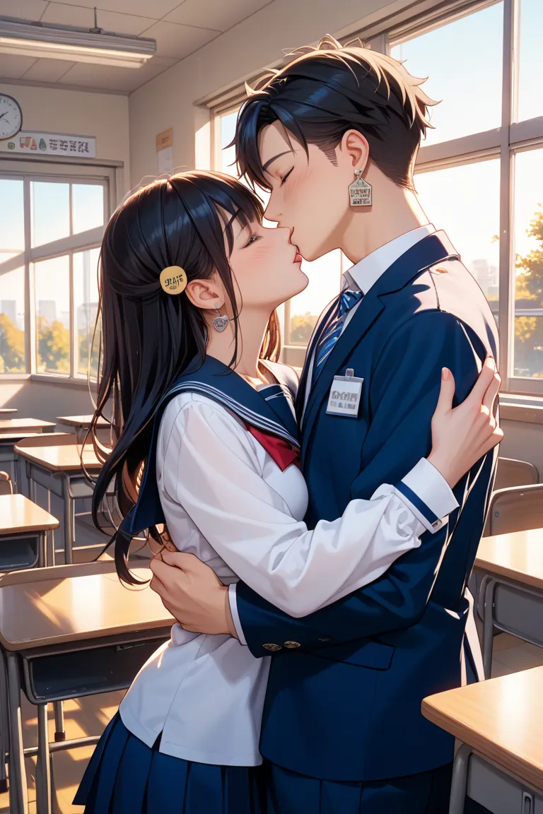 A Japanese male and female couple with black hair wearing uniforms are kissing in an after-school classroom where the sunset shines