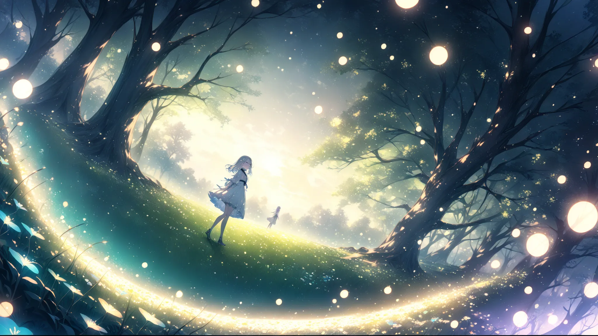 ((style:Colored pencil,Light color)),(anime)、(masterpiece:1.2), atmospheric perspective ,lens flare,one girl,  Wide viewing angle , Firefly Garden, There is a small pale light and lots of fireflies flying