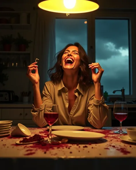 portrait realistic photo. Woman laughing wildly in a dimly lit kitchen, her head thrown back in a burst of unexpected joy. She clutches a broken wedding ring in one hand, the gold glinting under a harsh overhead light in sharp yellow tones. The table befor...