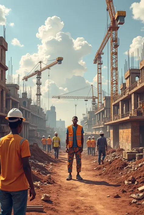 A young Senegalese man ,civil engineer present on a construction site with his vest called KEBE