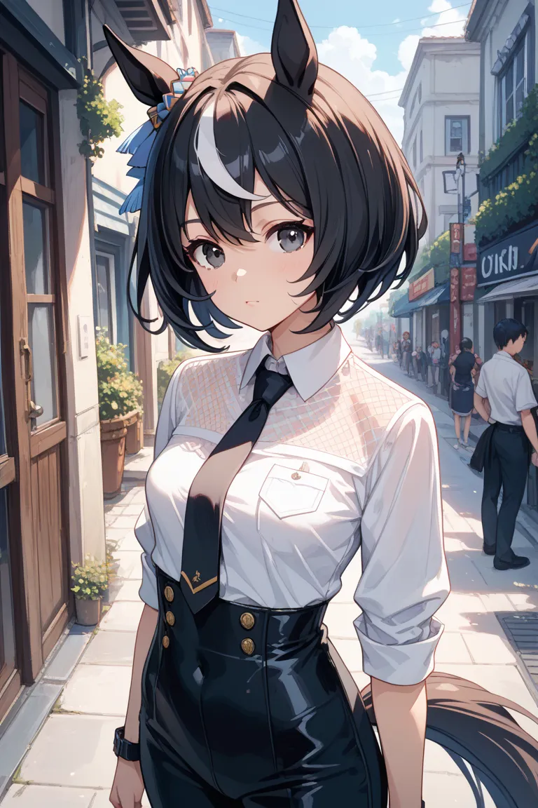 1girl,solo, umamusume, full body,
horse ears, 
horse tail, 
sharp black eyes,
 Thin inverted triangle face,
black  hair, 
hair  is a white mesh in the middle Medium short hair
small breasts, 
160cm, 
Bust 85cm,  
waist 60cm, 
hip 80cm, 
woman, 
female,  
y...