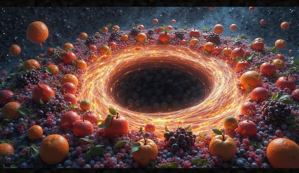 Fruits being sucked into a black hole