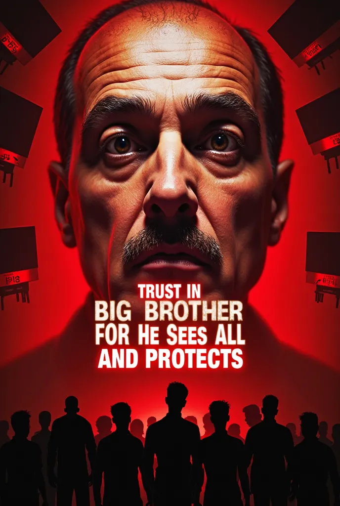 [Big Brother's Facel (Large, Central)
[Party Emblem]
(Background, Red and Black)
[Telescreens]
(Corners, Glowing Text)
[Faceless Citizens]
(Bottom, Silhouettes)
"Trust in Big Brother, for He Sees All and Protects All."
(Bold, White Text on Red Background)