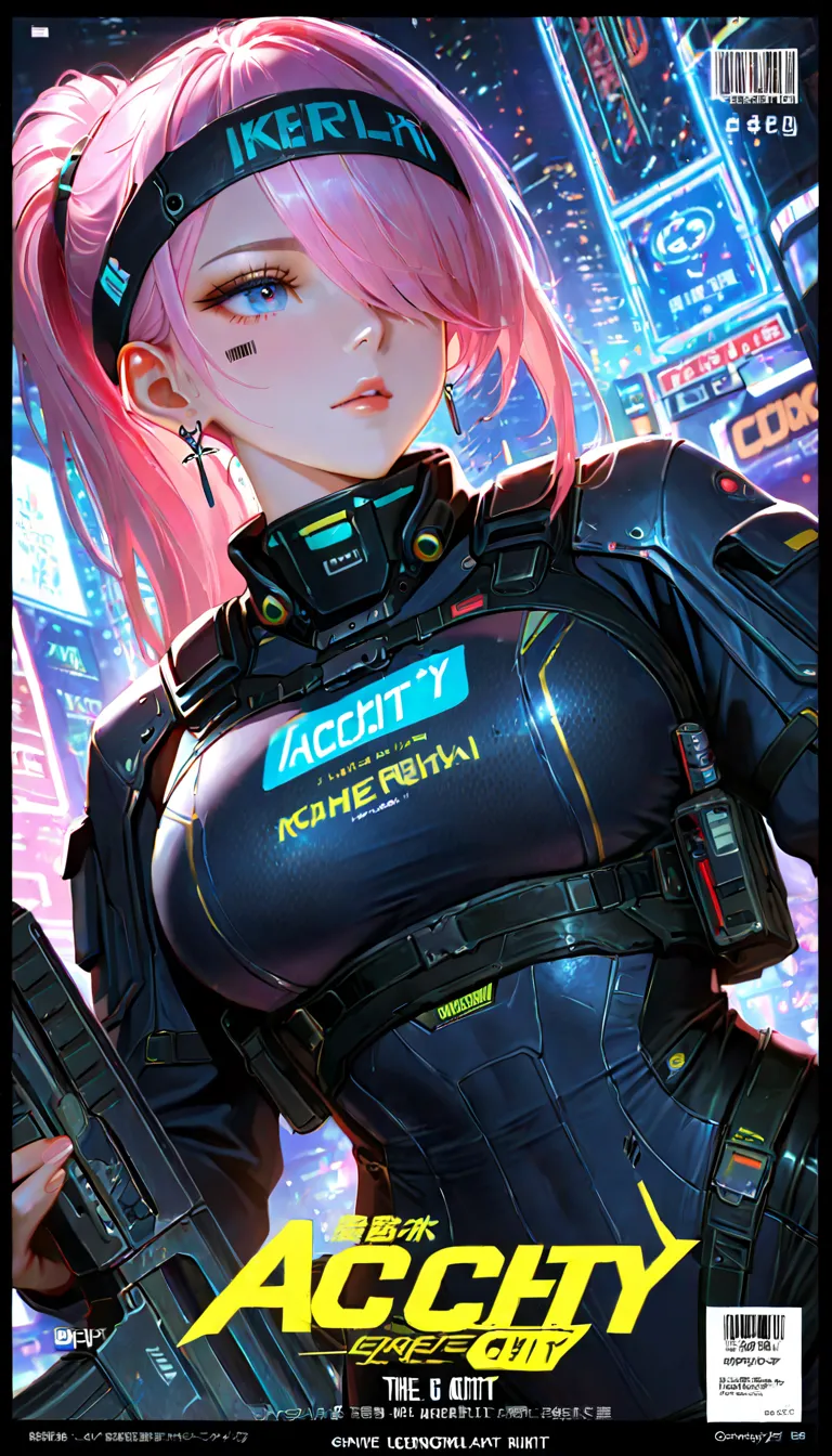 (beautiful girl : 1.3),1 girl,(protective clothing,headband,earrings,assault rifle),Pink hair,ponytail, Hair Over One Eye,barcode tattoo on cheek,Archix My,Cyberpunk,the neon city at night,Machine City,dynamic angle,(movie poster, magazine cover ,big title...