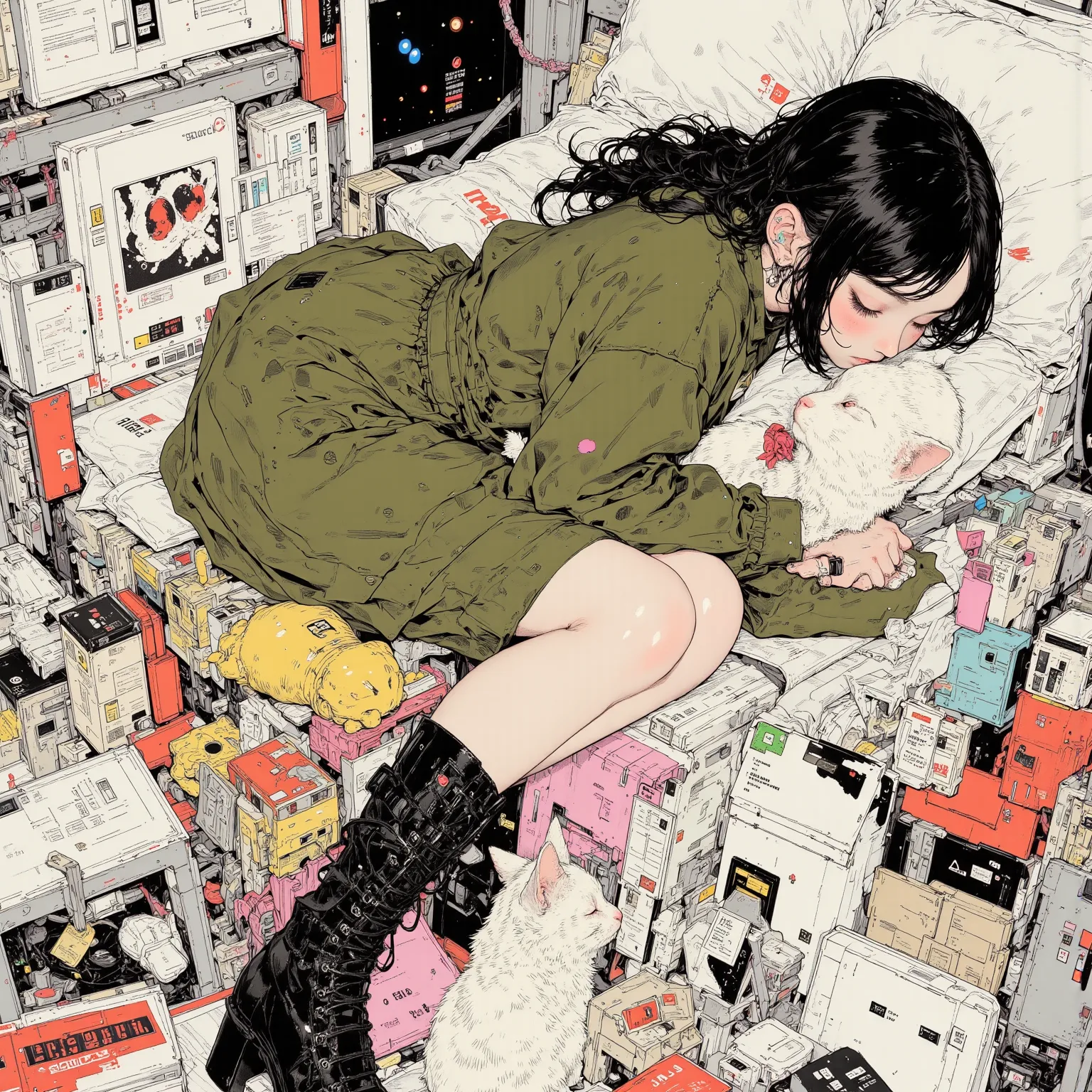 a dark-haired girl in an olive green one-point dress based on white , She's a Dr. wearing Martens boots and glasses , Future Cyber SF City Market , The white cat is sleeping, surreal   collage, a contemporary artistic   collage,   collage artwork,      new...