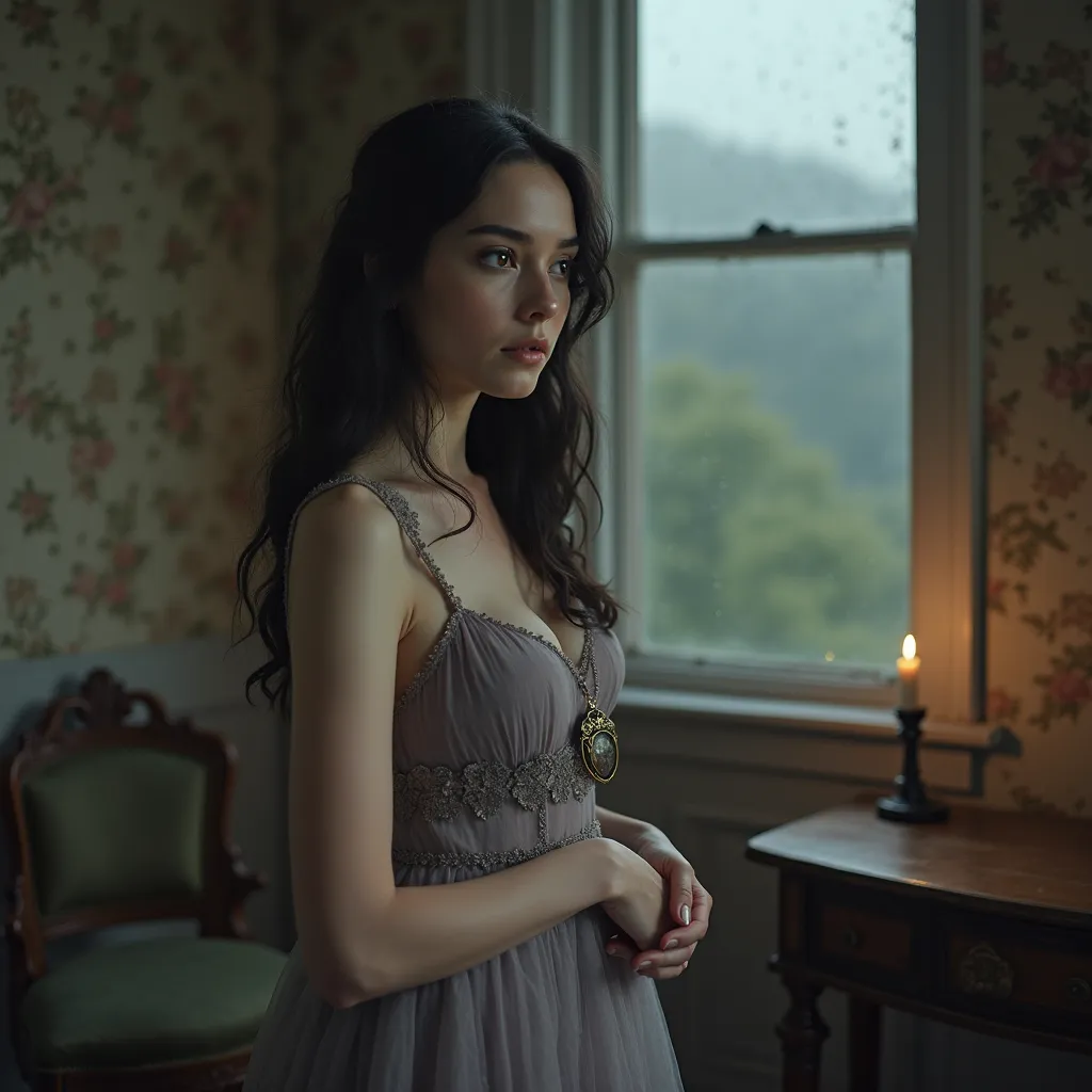 A strikingly beautiful woman with porcelain skin and delicate features stands in the center of a softly lit, vintage room. Her long, dark hair falls in loose waves, framing her face as a single tear glides down her cheek. Her eyes, a deep shade of hazel, a...