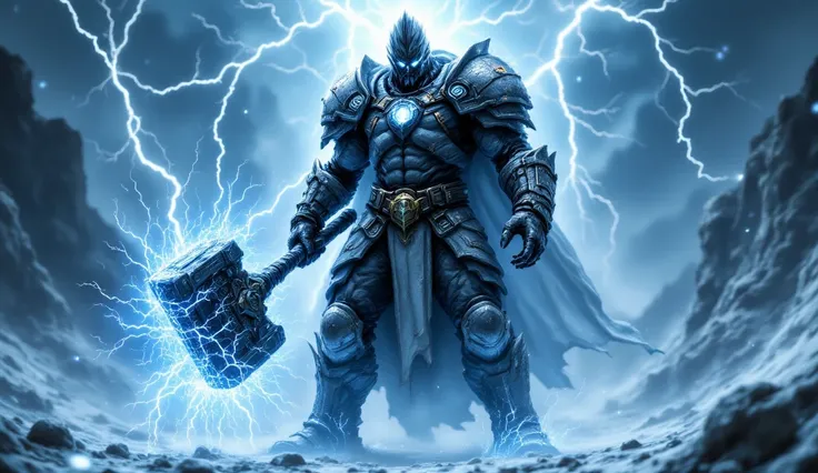 "A massive and powerful male warrior of the Thunderbringers, wearing a heavy steel armor adorned with glowing blue runes. His eyes glow with electric energy, and he holds a massive hammer crackling with lightning. He stands on a snowy battlefield, surround...