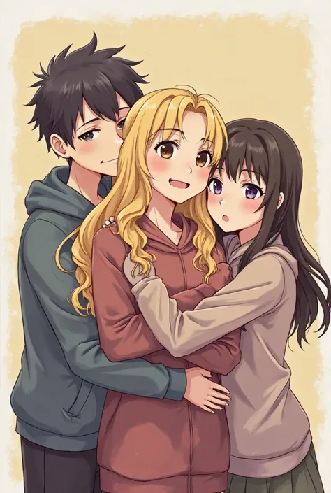 anime style, Make 3 people hug each other, The middle person is a short girl as beautiful as the Sun, her long wavy blonde hair, on her right side hugging, has an irritated girl with short black hair, and on the left side a bored boy with black hair and pu...