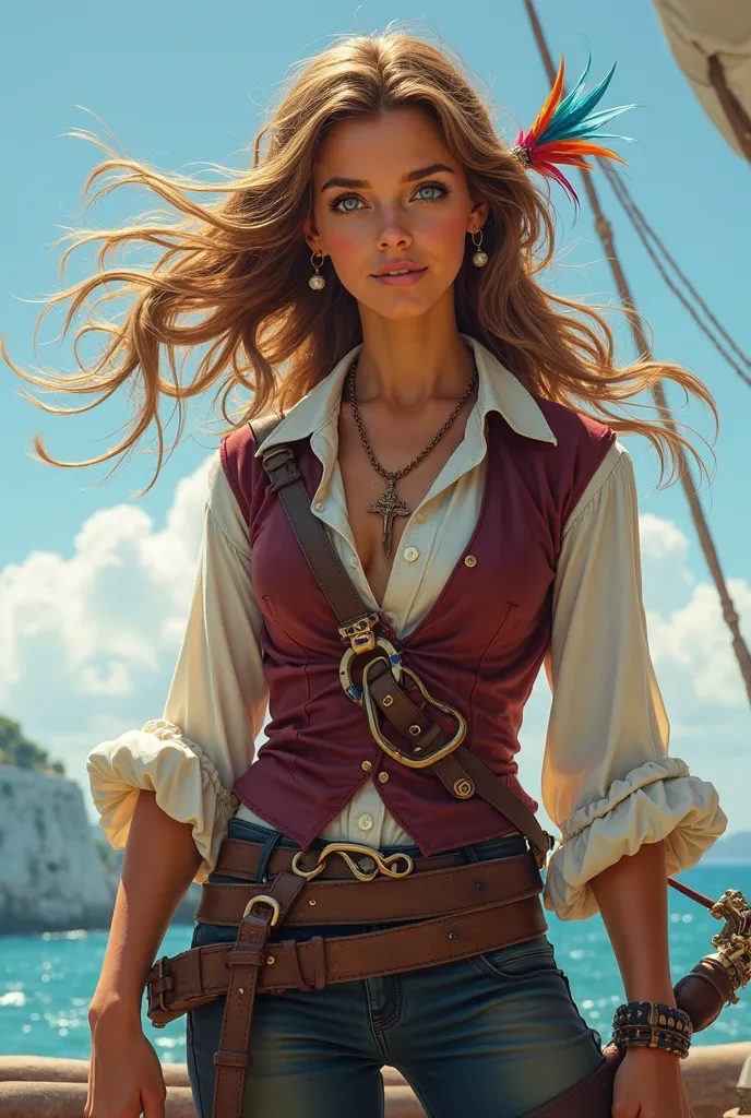 A fearless pirate, audacious and always looking for the next great adventure. Her light brown hair is long and wild, constantly ruffled by the wind, with colorful feathers stuck between the wicks. Her eyes are a vibrant sky blue, always shining with excite...