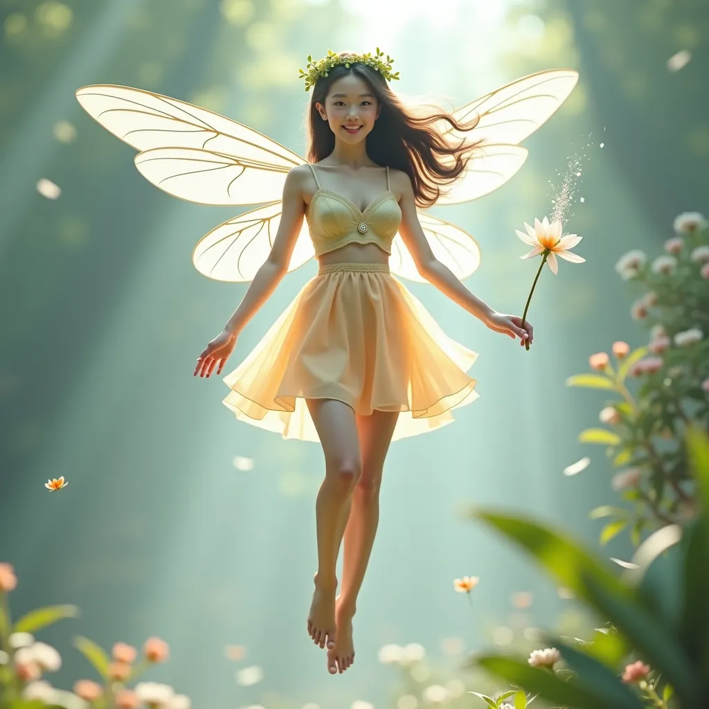 live-action、Fairy、when they are alive、 young Japanese beauty 、Laurel wreath、full body、Translucent colored costume、is floating in the air with a smile、,Clear wings like dragonflies、miniskirt、magic wand、