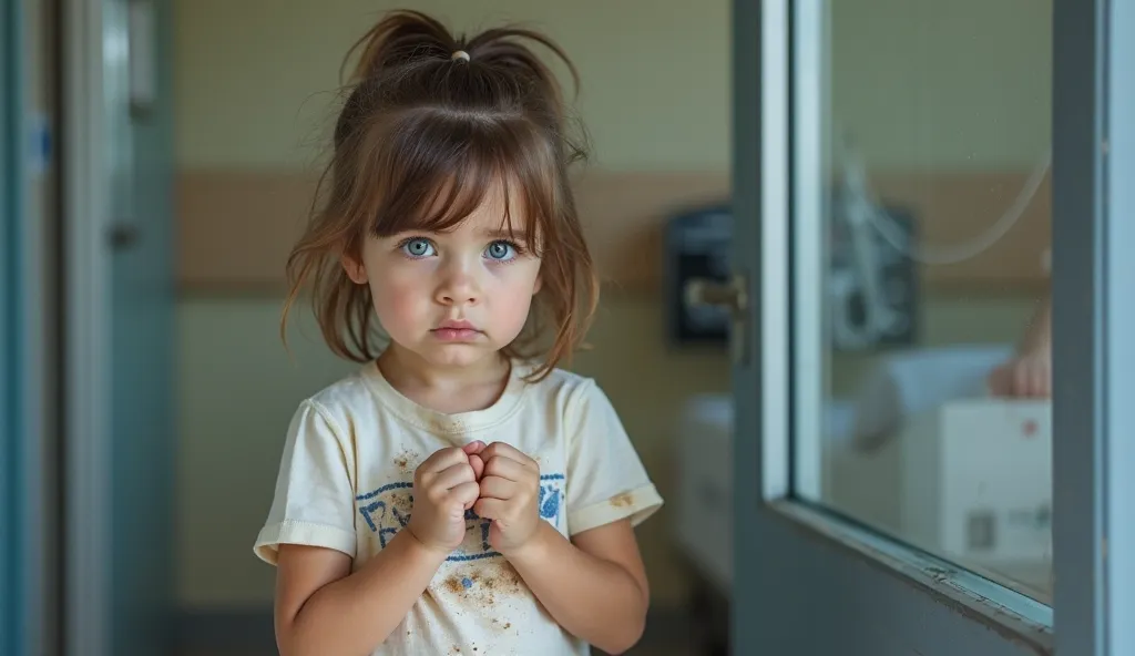 A small girl with messy brown hair and a dirt-stained light-colored t-shirt stands outside a hospital room, separated by a glass door. Her big blue eyes are filled with worry, her tiny hands clutching at the edge of her shirt. Her expression conveys sadnes...