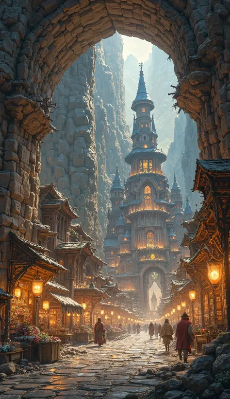 Create an awe-inspiring illustration of the dwarven city of "Deepstone," a majestic stronghold nestled within the vast caverns of an underground realm. The city is illuminated by a warm, golden glow emanating from countless luminescent crystals embedded in...