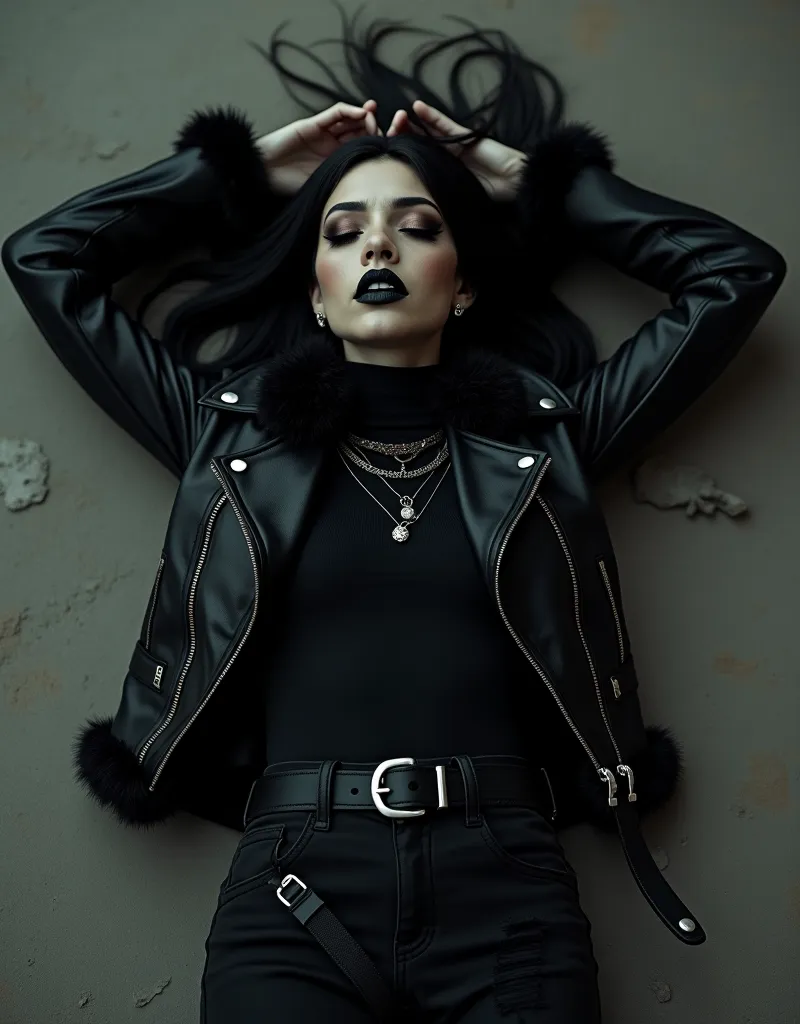 Full body. Deceased female lying dead on the ground, with her arms splayed out overhead. Epic, emo, goth, stylish. Long black hair. Closed eyes. Detailed black makeup, black lipstick, black eyeshadow, extended eyelashes. Wearing a zipped black leather jack...