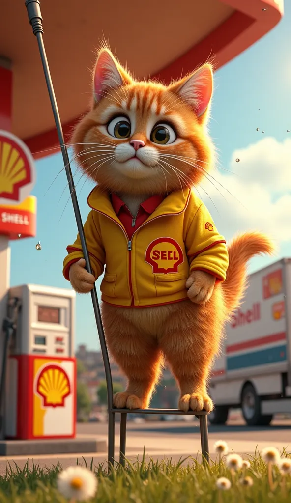 3D Pixar-style burly ginger Maine Coon cat in a mud-splattered Shell uniform with the iconic red-and-yellow Shell logo embroidered on the jacket , balancing on a wobbly ladder to clean a gas station canopy. Sunlight beams through water droplets, creating r...