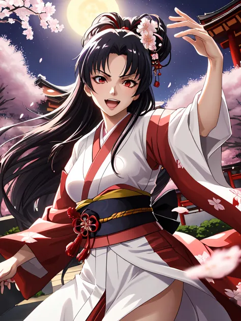 (最高masterpiece), (masterpiece), (high image quality), (High Precision), ( Anime Villain in her 20s :1.3), (Elegant long black hair), ( white skin), (gorgeous scarlet kimono with cherry blossom pattern:1.2), (Floral decoration), (Japanese garden with cherry...