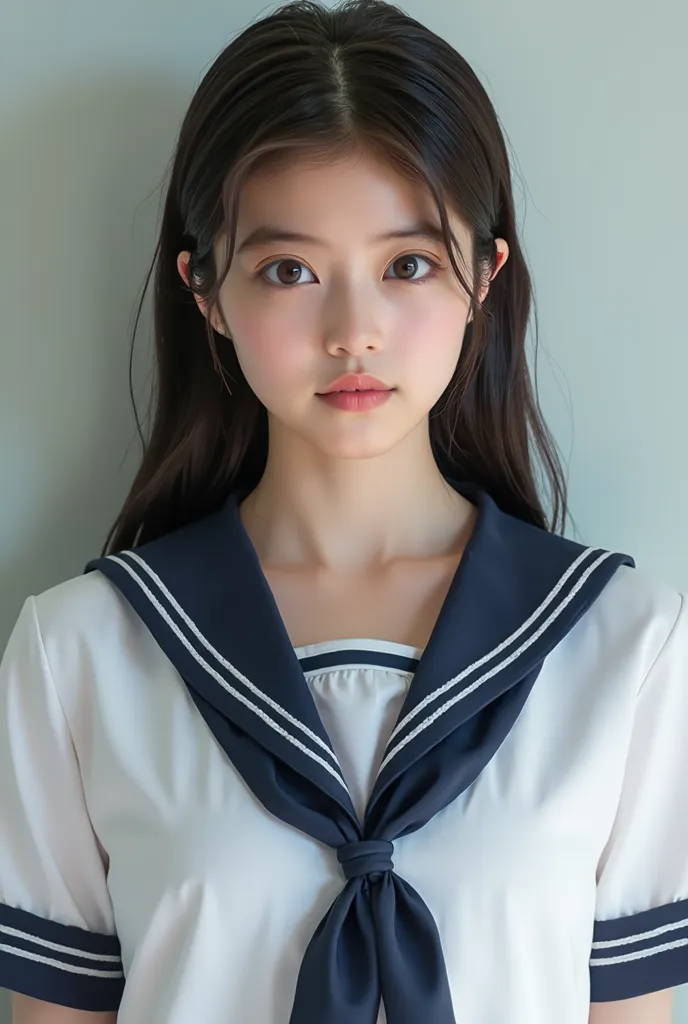 Japanese woman like an idol, long hair, straight hair, round face, bust up, Sailor Souf, as shown in the picture, High School, high quality, Precision, realistic, 4K, HDR, Studio Lighting, Extreme detail, Professional, Brilliant Colors, Bokeh