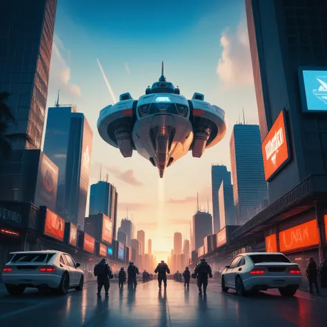 The image of a group of Stormtroopers in a super futuristic city.