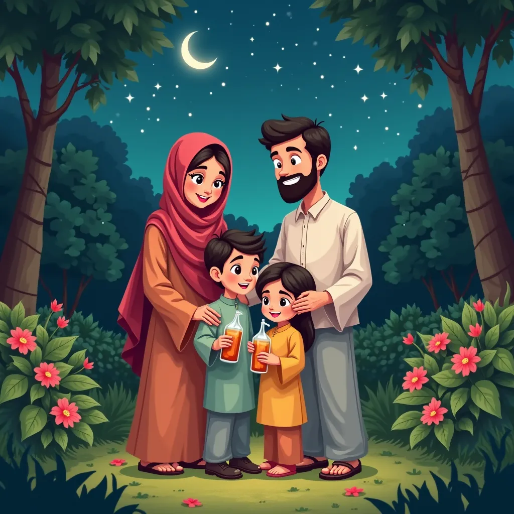  A cartoon family including a mother, father, son and daughter stand in the garden at night and Hilal appears carrying drinks in a plastic cup in their hand in the atmosphere of Ramadan