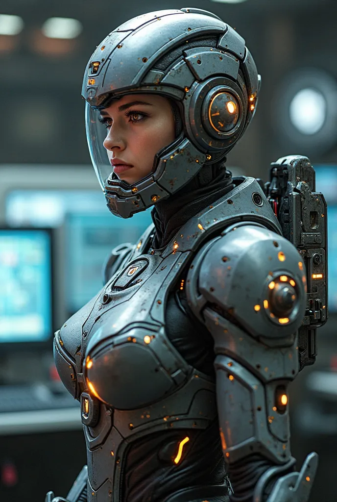 Women wearing high tech powered armour.that armour's right chest attached the glowing power core.she is wearing helmet with open her faceplate.she is watching a TV