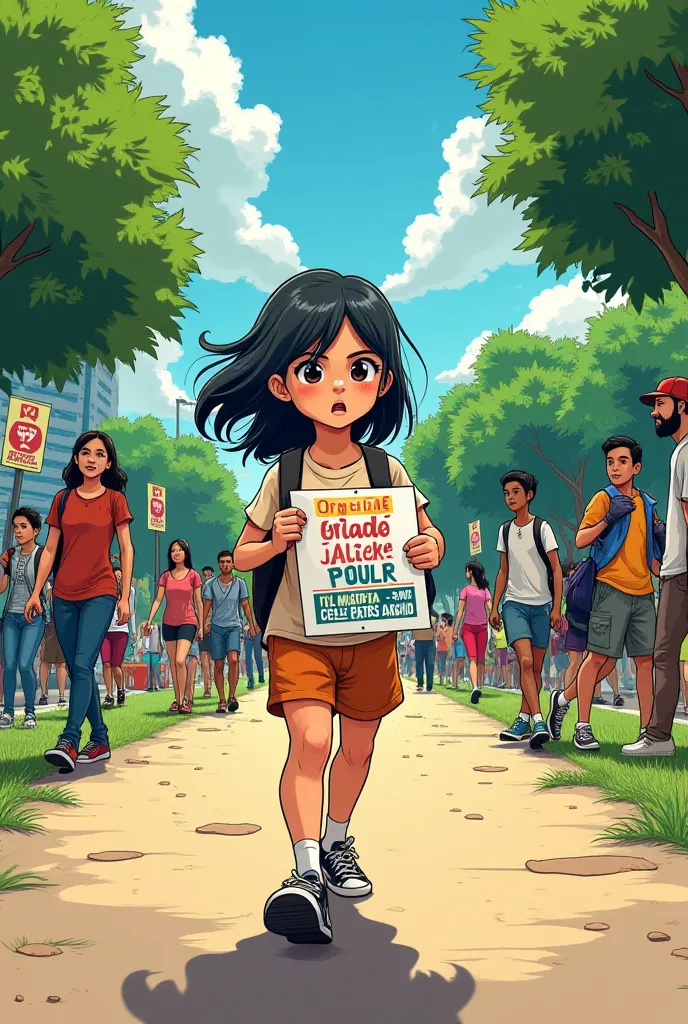 A comic with vignettes without dialogue first scene a manga boy goes to the park and shows the poster in Spanish to people who are voting for garbage wherever he wants 