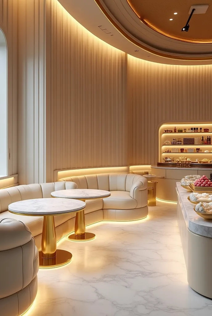 A luxury bar with cream-coloured leather sofas and marble tables with a golden outline, cream walls, marble floors, the counter always in marble with a wide exhibition of sweets and salty things
