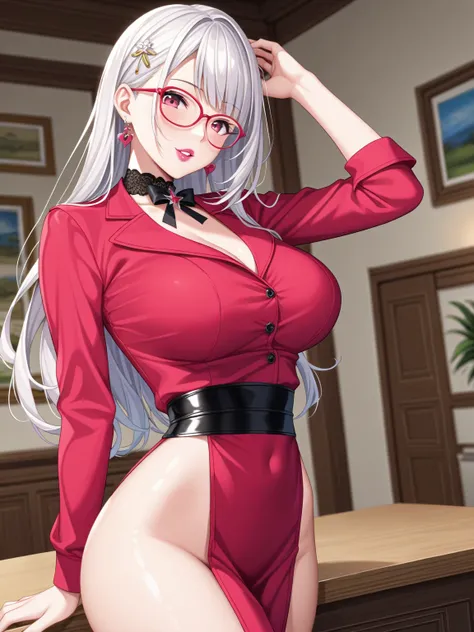 Tsukino Shizuka  (Tsukino Shizuka)
Full body, front angle
character similar to "Nene Kasaki々":0.8
silver hair, 
lipstick Pink, 
eyes crimson, 
wears a modest silvery accentspaired with small elegant glasses, 
slender and tall figure (155cm), 
large breasts...