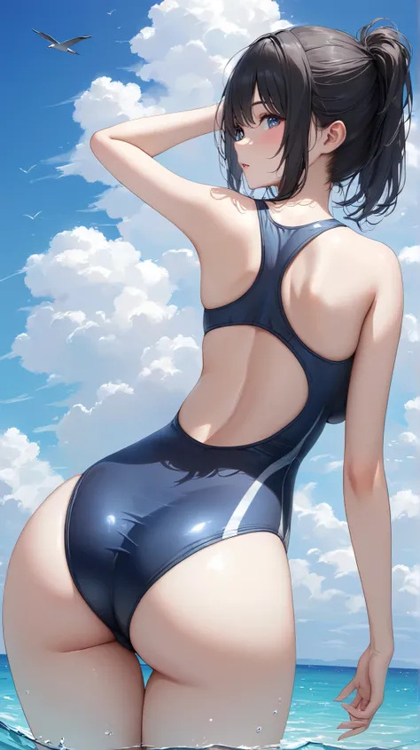 (masterpiece,best quality,ultra detailed,high resolution),(realistic:0.4),(cowboy shot),daytime,lady,black hair,cool eyes,school swimsuit,beautiful sky,wide hips,from behind,25-years-old,