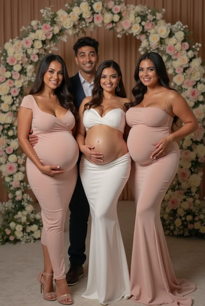 Four high-class young elegant gorgeously thicc plus-size pregnant 20-year-old Thai Miss Universe, with one young muscular handsome tall man stands behind, the girls are curvy, thicc, pregnant, voluptuous body, beautiful light skin, the girls are wearing se...