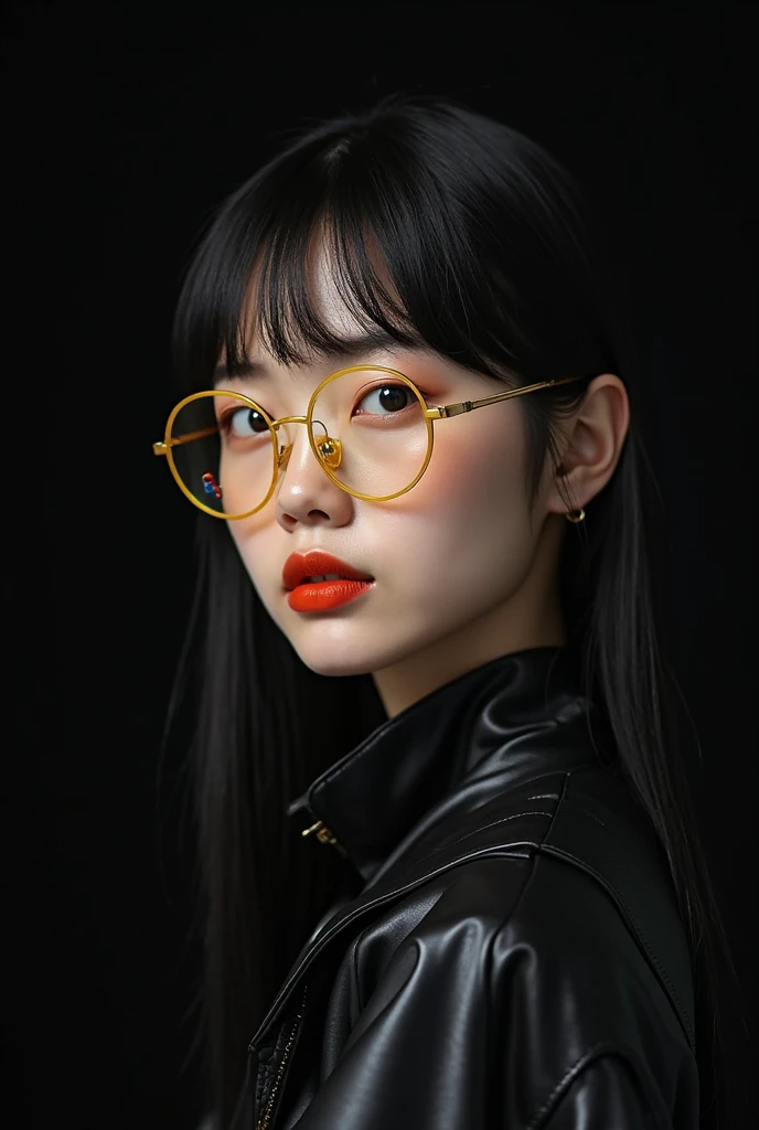 A 20 years old Japanese girl with completely straight hair, parted in the middle and colored black, wears yellow glasses and her lips are painted the same color. She wears a shiny black jacket with a high collar, her background is completely black, and her...