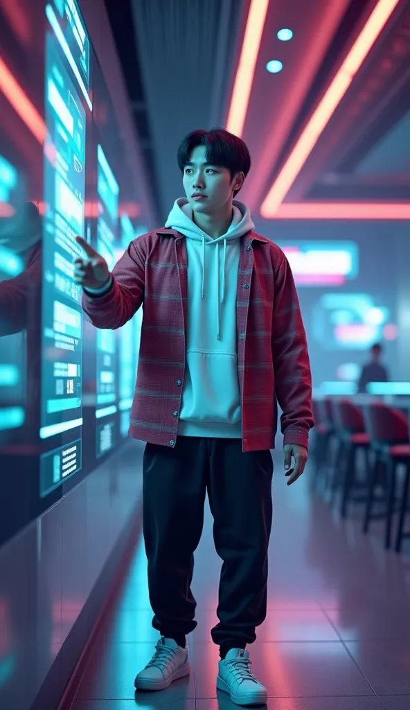 Cinematic shots of futuristic nightclub with DJ buttons . A handsome boy s a of Chinese origin with short dark hair and good looks wearing an oversize red Checkered shirt open with white Hoodie long Sleeve, black trousers jogger, sneakers, eyewears. He tou...