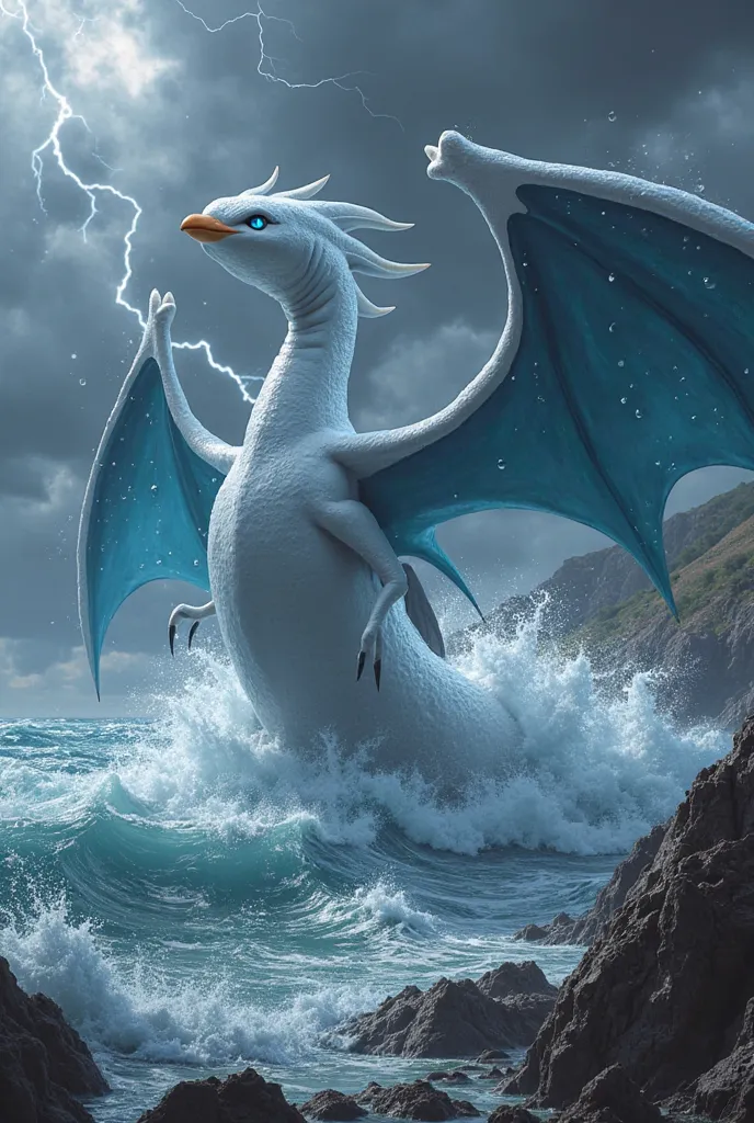  hyper-realistic depiction of Lugia, the Legendary Pokémon, emerging from the ocean during a storm. Its massive, sleek silver-white body glistens with water droplets, and its deep blue eyes glow with intelligence and power. Lugia’s wings, resembling ocean ...