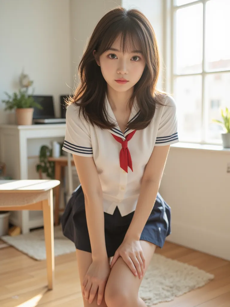 A very cute girl is in the classroom. She is wearing a uniform. She is looking at me. A very beautiful atmosphere with a sense of transparency. It is in a bright place near the window.