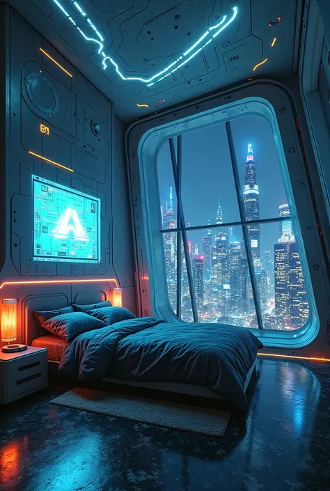 Futuristic cyberpunk bedroom at night 