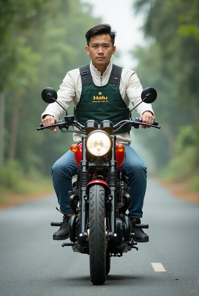 Facing forward, symmetrical photography, a thai man wearing a white bomber jacket, a dark green protective vest with the words "Halu People", jeans, black Nike shoes, the man is riding a Honda old vintage motorbike, black combined with red,  drive on an as...