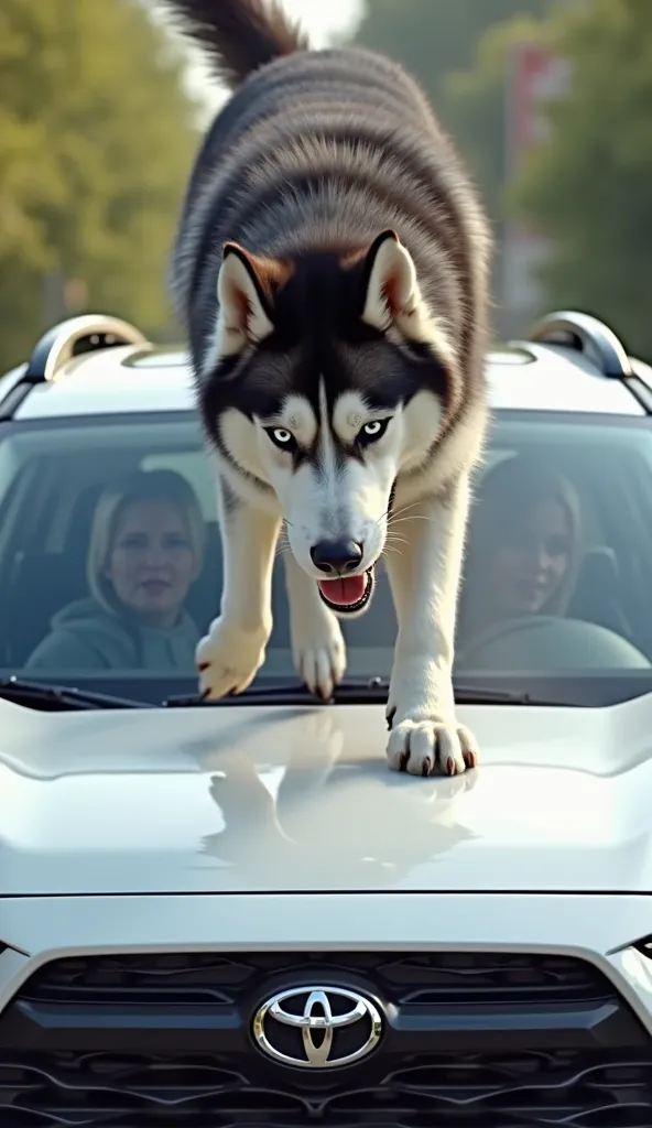 *"A hyper-realistic 8K UHD video capturing a full-body Siberian Husky climbing onto the hood of a white Toyota RAV4. The dog moves with determination, its powerful front paws gripping the car’s smooth surface as it lifts itself up. Its thick fur, a mix of ...