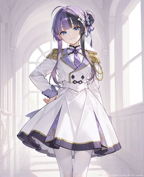 jien \(nikke\), Masterpiece, best quality,blue eyes, mole under eye, purple hair, (multicolored hair), black hair, White room, big ,very long hair, blunt bangs, hair bun, hair ornament, purple ribbon, hair ribbon, earrings, large breasts, white jacket, epa...