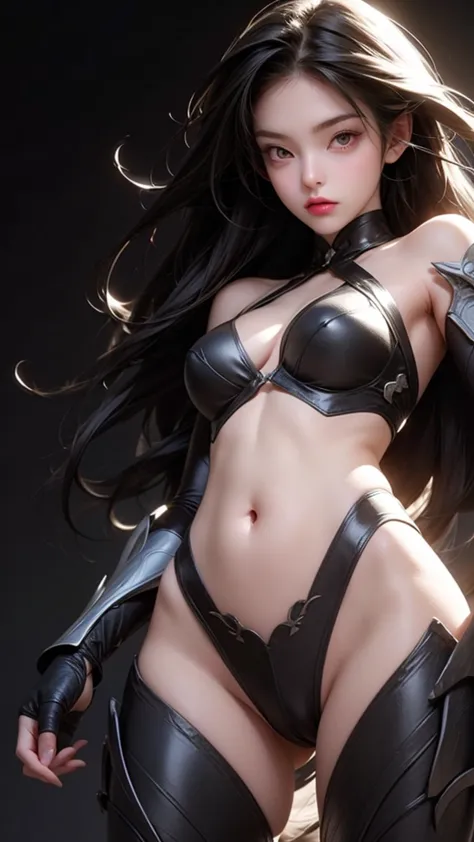   Anime Girl ,  organic armor cyborg 、 nice body curves,  knight in armor,  Show off their shape  ,  view from below,  Sexy Poses ,  simple dark background. Armor Textures ,revealing outfits、belly button、Thighs、Showing shoulders