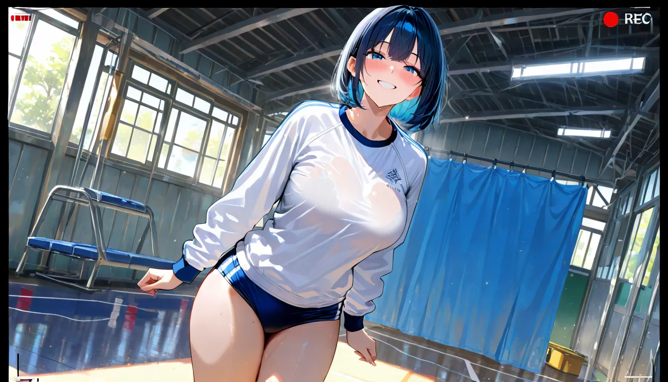 (beautiful girl : 1.3),1 girl,(White gym clothes, Long Sleeve,Dark blue buruma, pubic hair),smile,blush, is embarrassing,bob cut the blue cloth,Schoolyard,run,masterpiece,highest quality,Ultra High Resolution,rich contrast that makes erectile breasts visib...