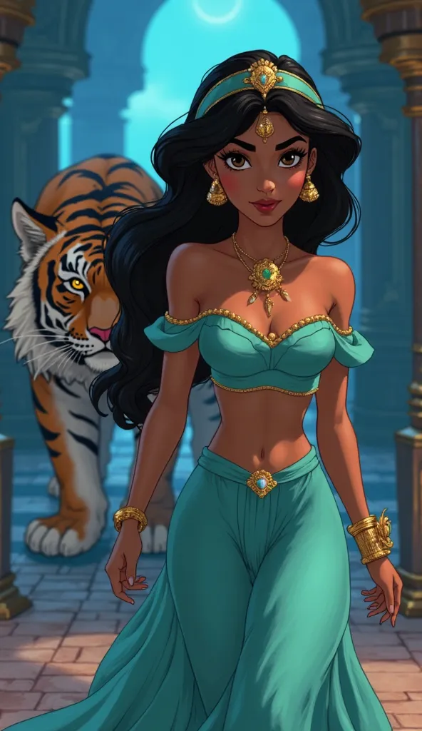 On the terrace of the palace of Agrabah, Jasmine walks with elegance, but her fiery gaze reveals a warrior ready for whatever comes, looking at the viewer. Her turquoise outfit shines in the moonlight, while behind her a humanoid tiger moves silently. Its ...