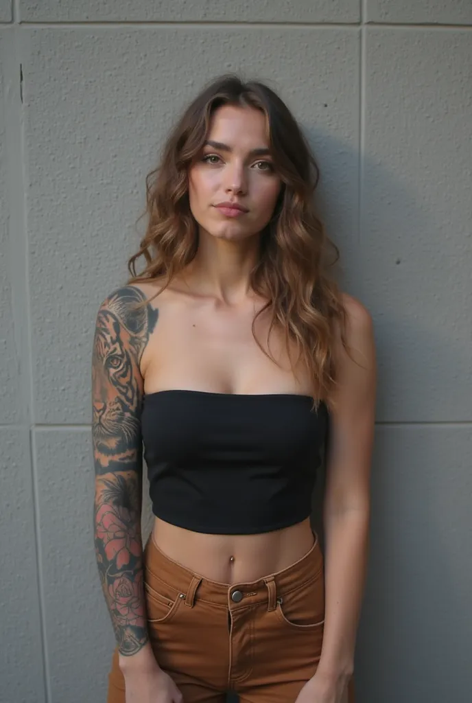 "A person stands against a gray textured wall. The person is wearing a black strapless crop top and high-waisted brown pants. The person's left arm is adorned with a detailed tattoo that includes a tiger's face and various floral designs."